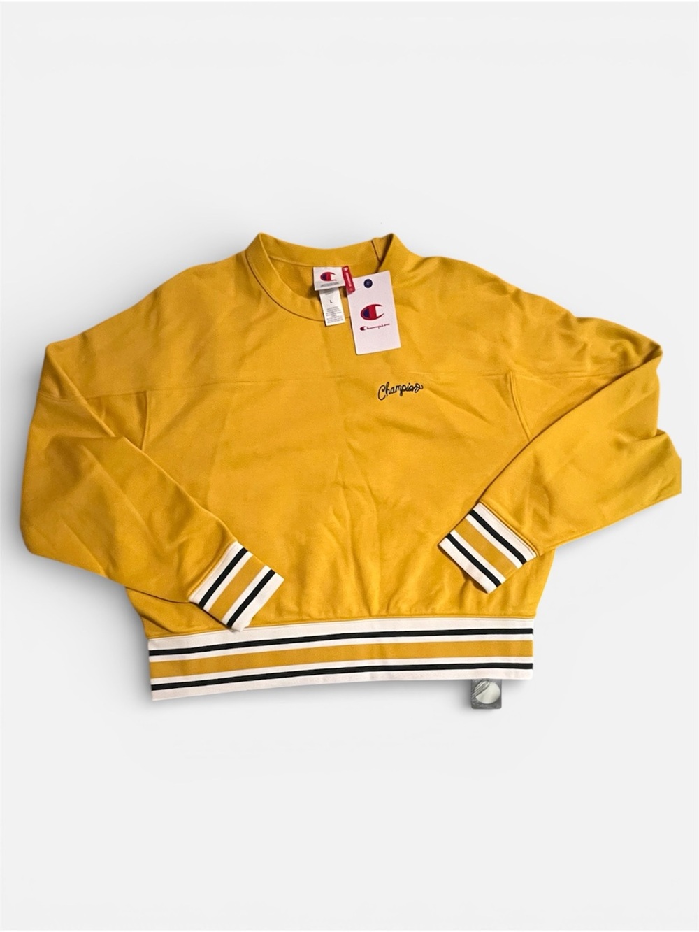 Champion Yellow Cropped Crewneck Sweatshirt with Striped Trim